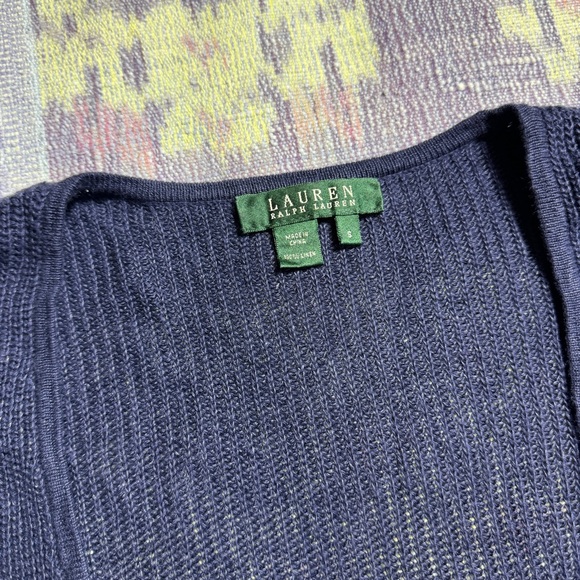 Lauren Ralph Lauren Womens Linen Cardigan Sweater Knit Ruffle Hem in Navy Blue - Picture 9 of 10